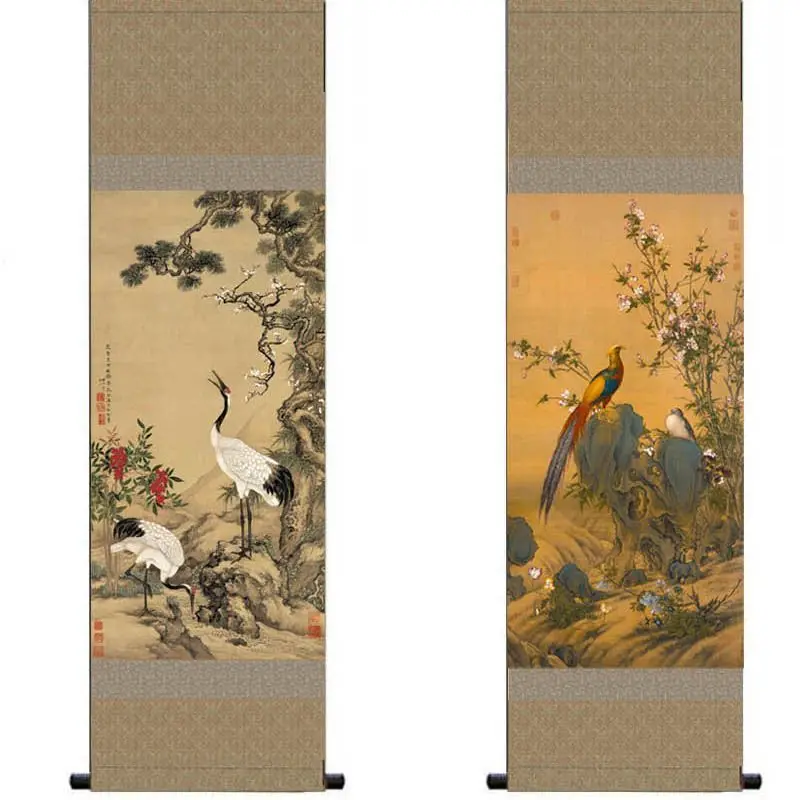 Chinese Silk Scroll Flower‑Bird Painting, Traditional Hanging Wall Art, Home Decor for Living Room Bedroom Interior Ornament