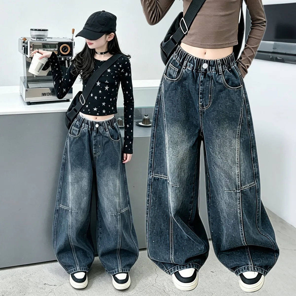 Kids Fashion Vintage Baggy Curved Jeans for Teen Girls Casual Loose Wide Leg Denim Pants Children‘s Spring Fall Splice Trousers