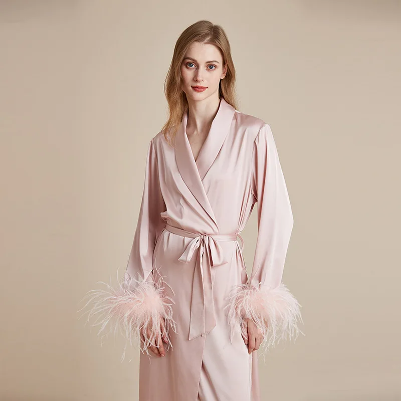 Wedding bridal Luxury Women\'s High-quality Detachable Feathers Pajamas Satin Sleepwear Homewear Loungewear Women Sets Nightwear