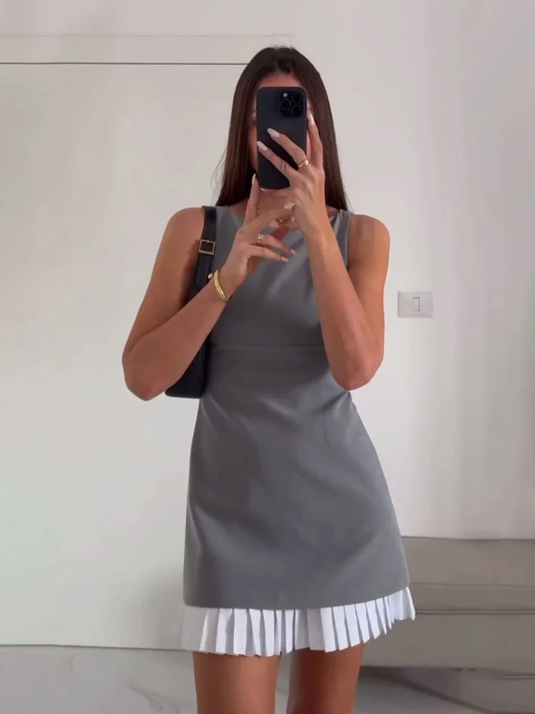 HH Women\'s High Street Sexy Dress Grey O-Neck Sleeveless Patchwork Decorate Zipper Female Summer Fashion Mini Dresses