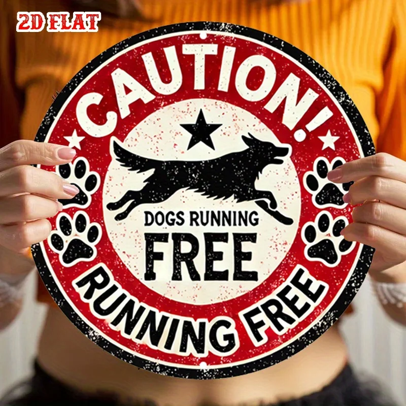 2D flach, 1 Stück Vorsicht! Dogs Running Free Rundes Aluminium-Metallblechschild – Rustikale Wandkunst mit belltem Hundesign, 19,99 x 19,99 cm,