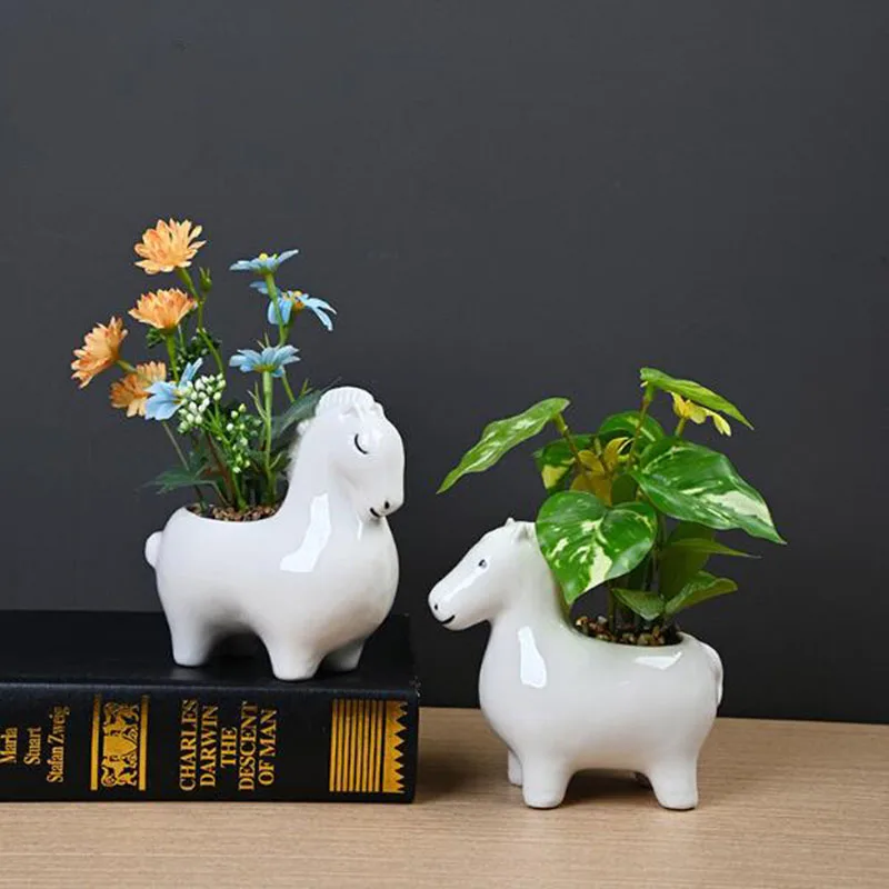 White Porcelain Creative Horse Flower Pot Green Plant Pot Bonsai Vase Planter Garden Art Indoor Balcony Decor