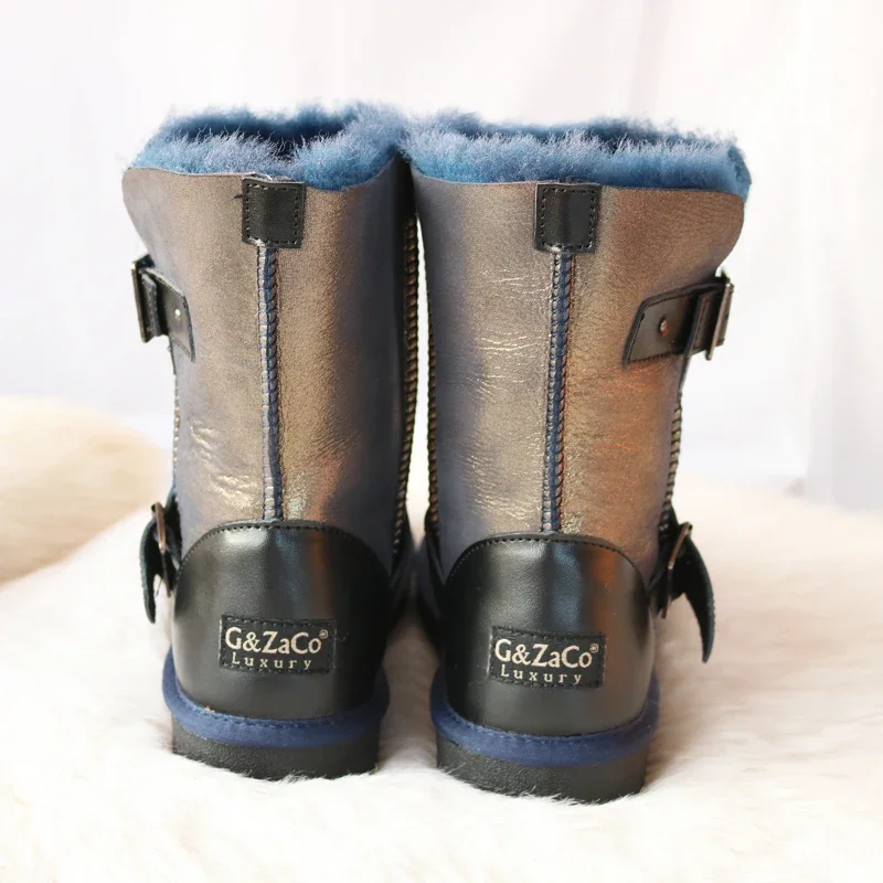 G&Zaco Luxury Winter Sheepskin Snow Boots shearling Fur Boots Women Wool Boots Buckle Sheep Genuine Leather Female Calf Boots