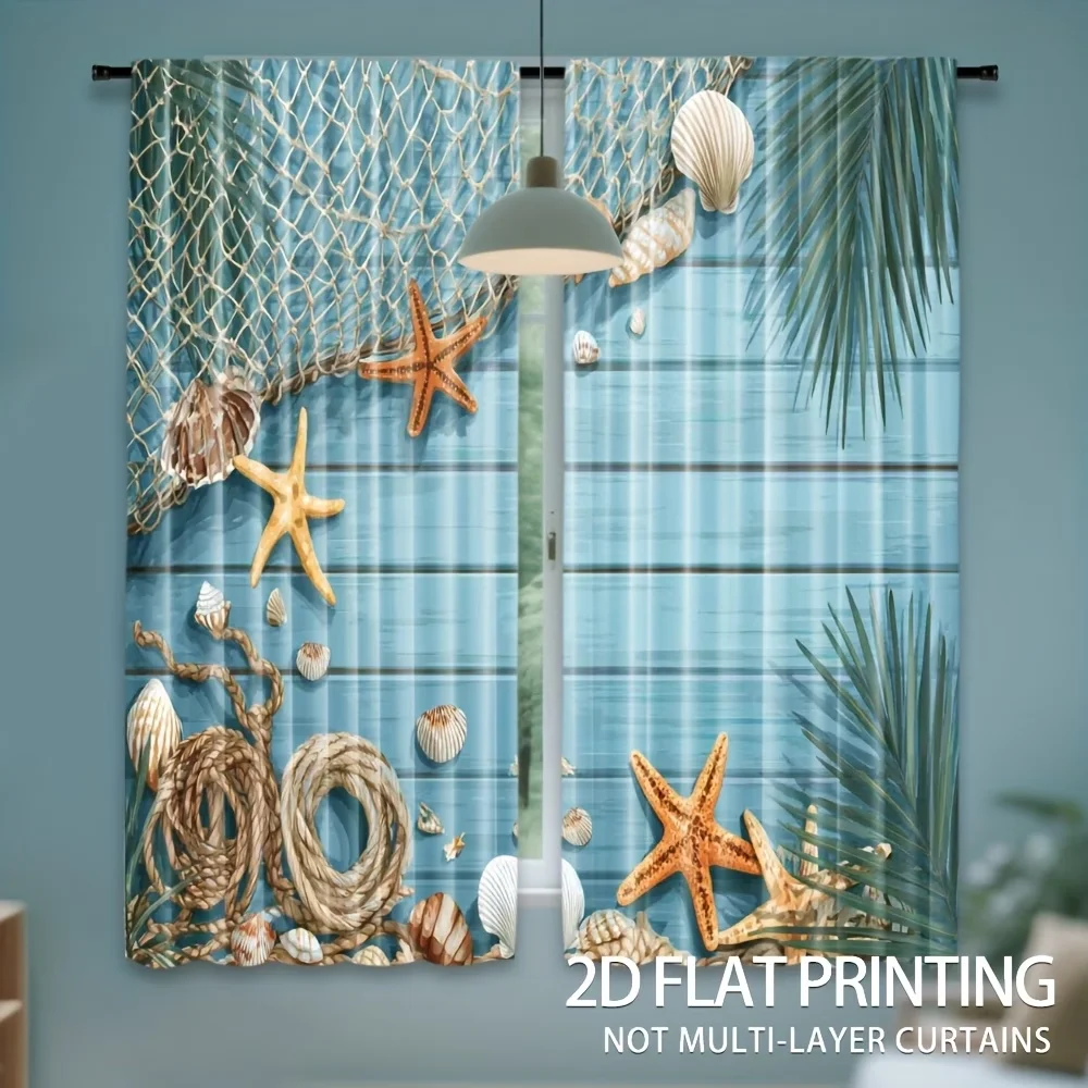 2PCS Digital Printed Curtains, Net Bag Shells Beach Nautical Collection, Window Curtains for Living Room Bedroom Home Decoration