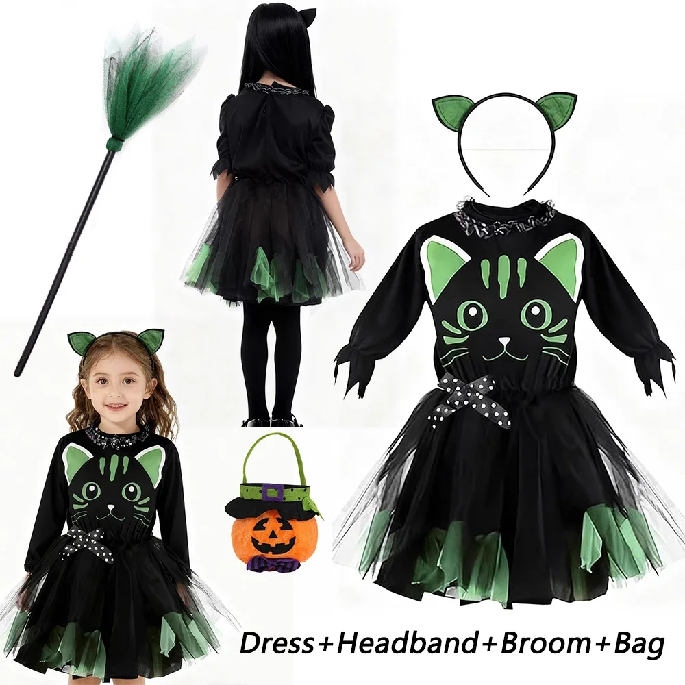 Halloween Mädchen Katzen-Cosplay-Kostüm Kinder Leopardenmuster Tutu-Kleid-Set mit Katzenohren-Stirnband für Karneval, Kostümparty, Bühne – Detail 7