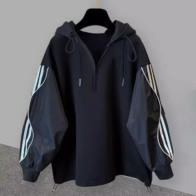 

Men's Oversized Hoodie Jaet Patchwork Striped f Zip Korean Sle Warm Polyester Fabric Boys' Clothing Faionable Sweats...