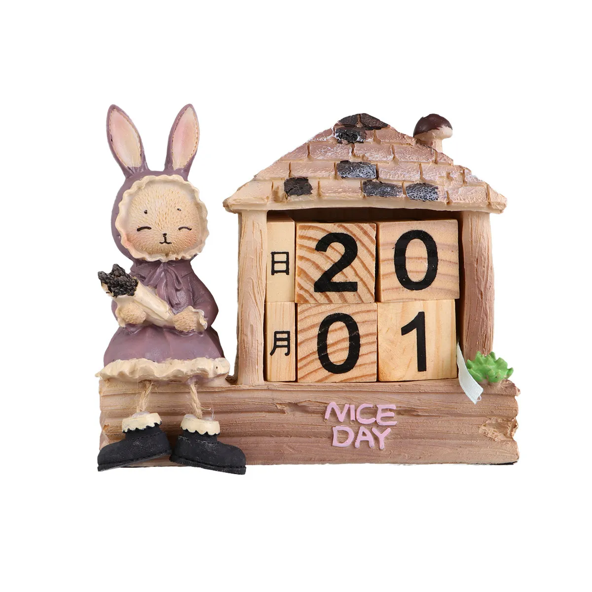 

Rabbit Girl Wooden Perpetual Calendar House Shape Manual Turning Desktop Decoration Calendar Block for Office Home