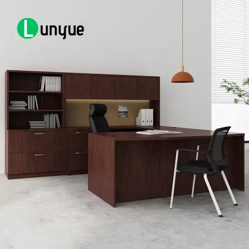Modern Wooden CEO Executive Office Desk Set with Wall Storage Furniture for Manager Workstation Home Office Space Saving