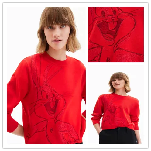 

Foreign trade original single Spanish fashion embroidery round neck loose red knit sweater hoodie