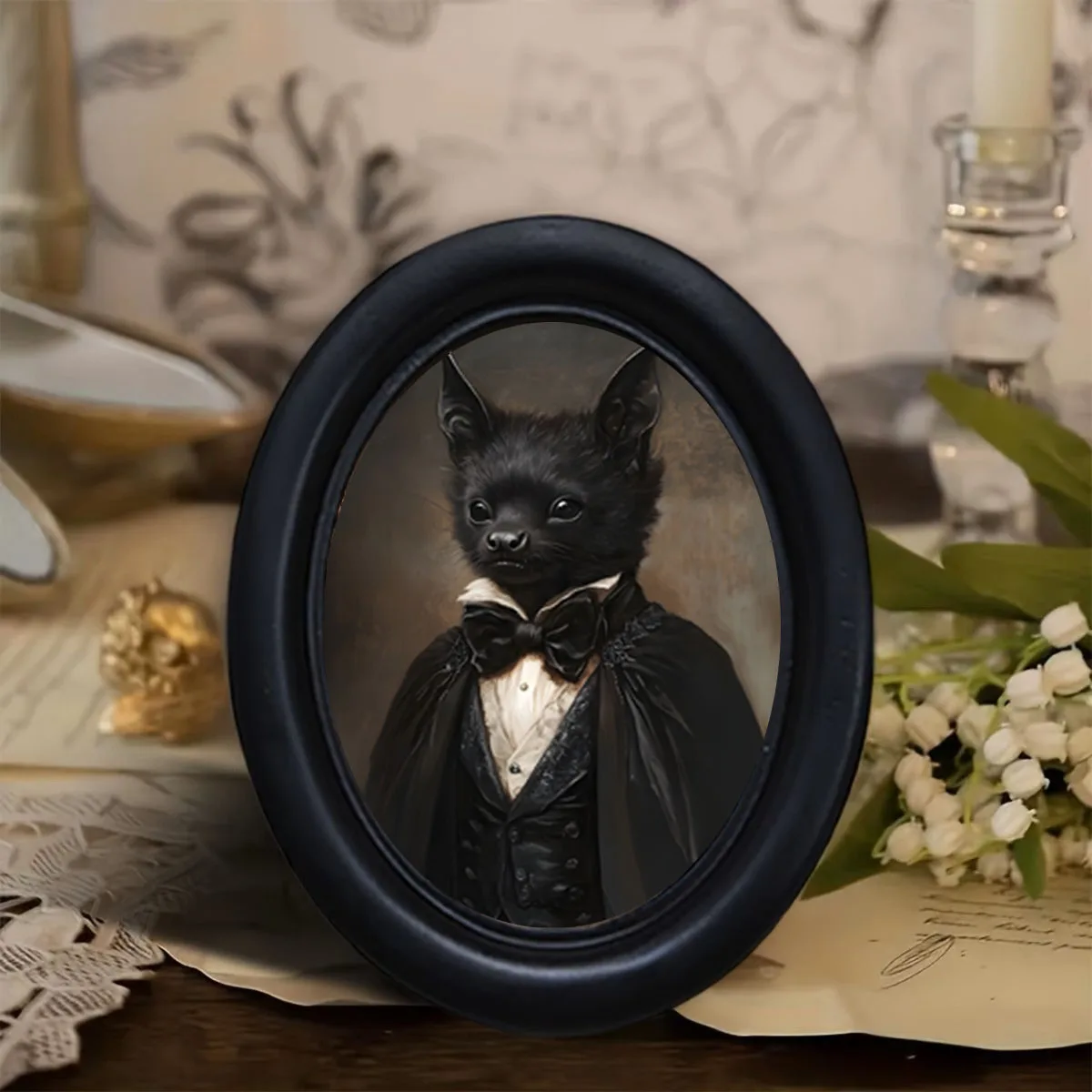1 Stück Vintage-Wanddekoration im viktorianischen Stil mit Fledermaus-Gentleman-Motiv, schwarzer ovaler Rahmen, gotisches Fledermausporträt in formeller Kleidung, Dekoration im Dark-Academy-Stil,