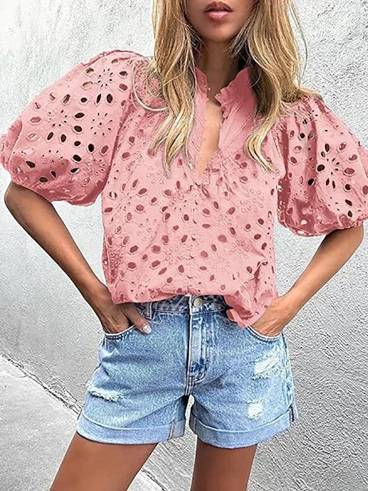 

Women Vintage Solid Hollow Out Top Blouses Elegant Half Lantern Sleeve Spring Summer Buttons Ladies Shirts Casual Blusa 2024