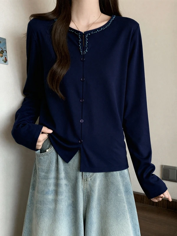 

Женский топ Ele Long Sve T-irt с обильной отделкой, приталенный, весна 2026, новинка, большие размеры, базовая модель, корейский стиль