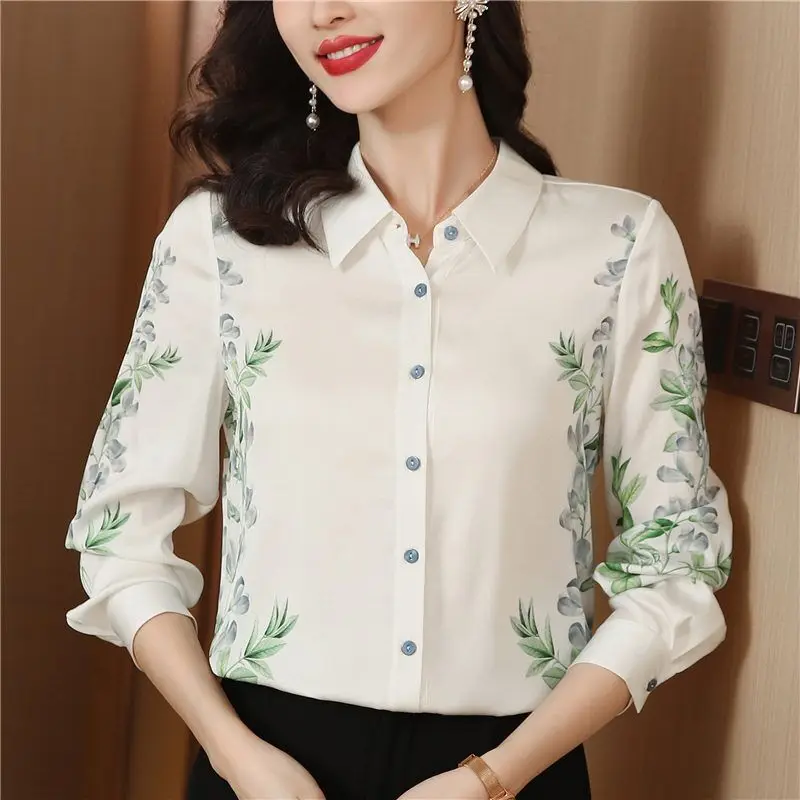 

High-End Design Silk Print Long Sleeve Shirt Women Spring Fashion Commuter