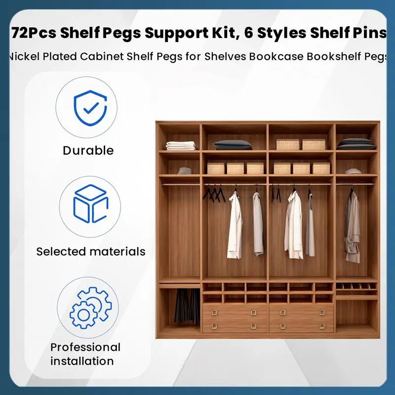 AB02 72Pcs Shelf Pegs Support Kit, 6 Styles Shelf Pins, Nickel Plated Cabinet Shelf Pegs For Shelves Bookcase Bookshelf Pegs