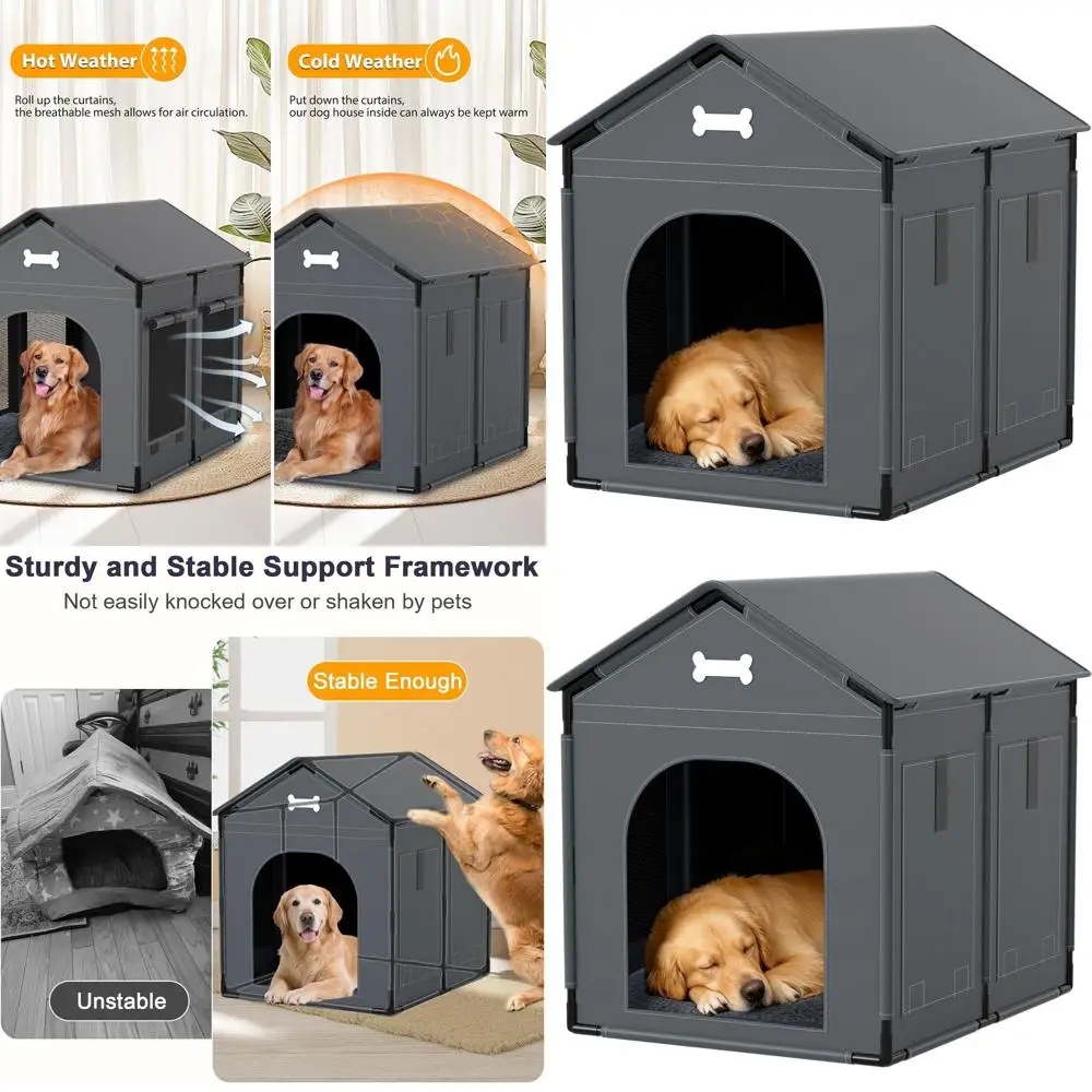 

Indoor Sturdy Frame Dog House with Plush Cushion, Waterproof Medium to Large Dog Kennel, 34x27x34in, Gray