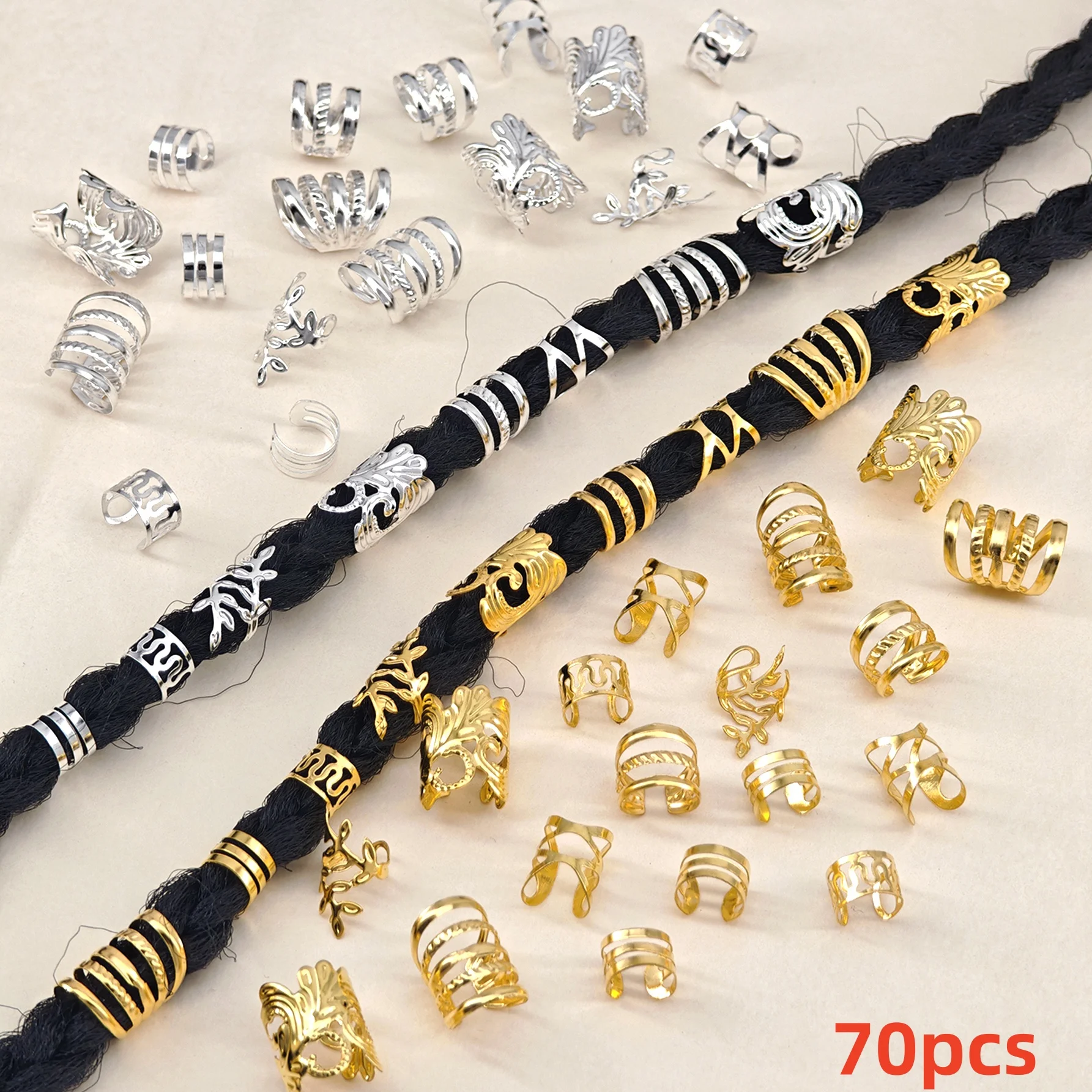 70Pcs Alloy Hair Beads & Braiding Rings, Adjustable Accessories