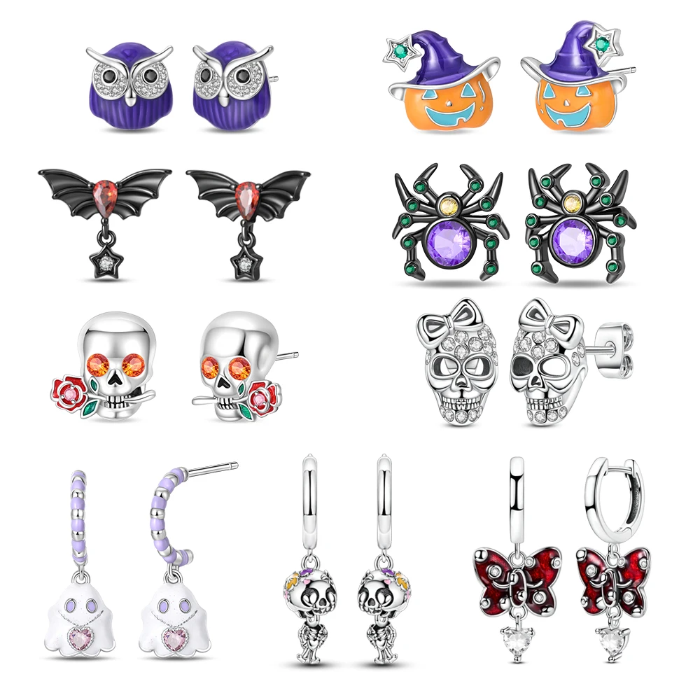 

Amazing 925 Sterling Silver Black Spider & Shiny Bow Skull & Pumpkin Head Stud Earrings For Halloween Party Fine Jewelry Gift
