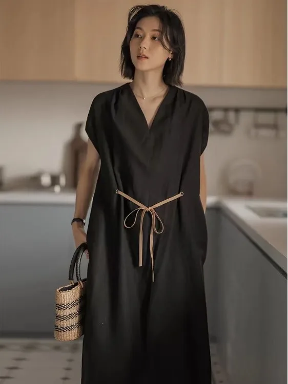 Artistico coreano V-Ne Loose Fit Cotton Lin da donna Dr Ele taglio dritto ingombrante in vita Maxi Dr Summer Faion