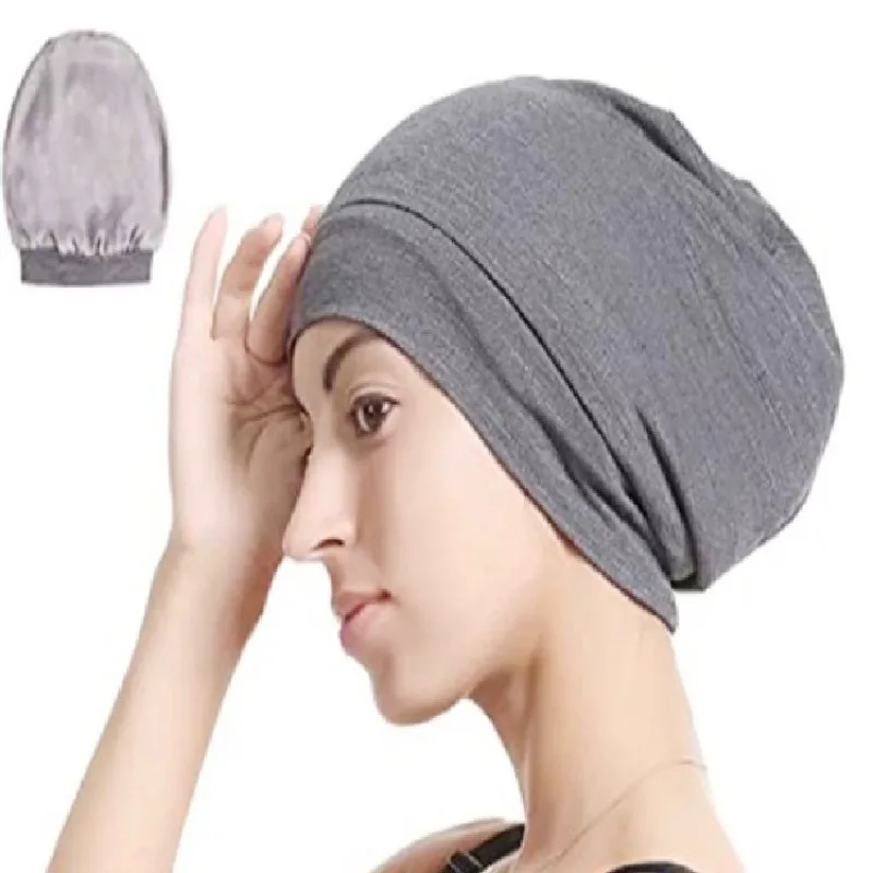 Bamboo Cotton Beanie Hat with Satin Silk Liner for Women No Cuff Head Wrap Soft Breathable Night Sleep Bonnet Elastic Hair Cover