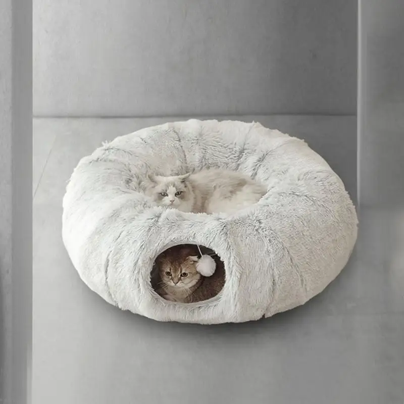 

Indoor Cat Tunnel Bed Cat Bed Cave Donut Anti-Scratch Round Cat Toy Foldable Cat Tunnel with Plush Toy