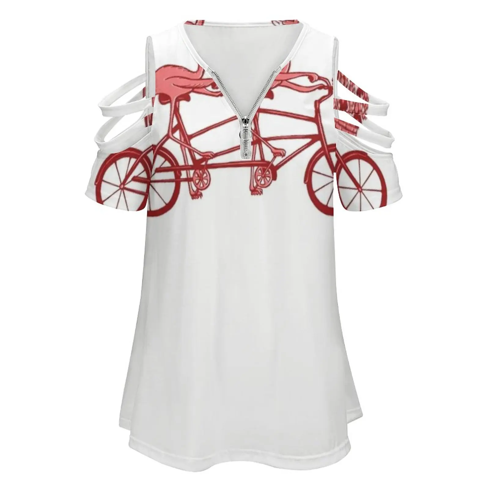 On Tandem Bike New Fashion Zip Off Shoulder Top Short-Sleeve Women Shirt Pink Flamingo Tandem Bike Bicycle Bike Tandem Bicycle