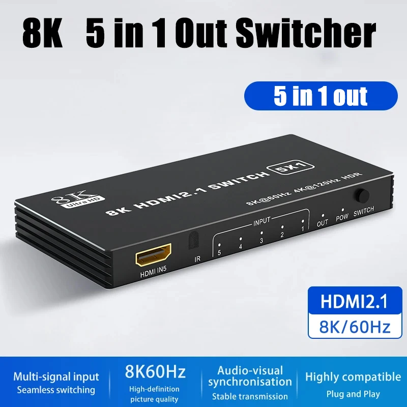 3 in 1 Out HDMI-Compatible 8K60Hz 2.1 Switch Splitter 120Hz HDMI Splitter Switcher CEC 48Gbps with remote HDMI HDR IR Remote 4K