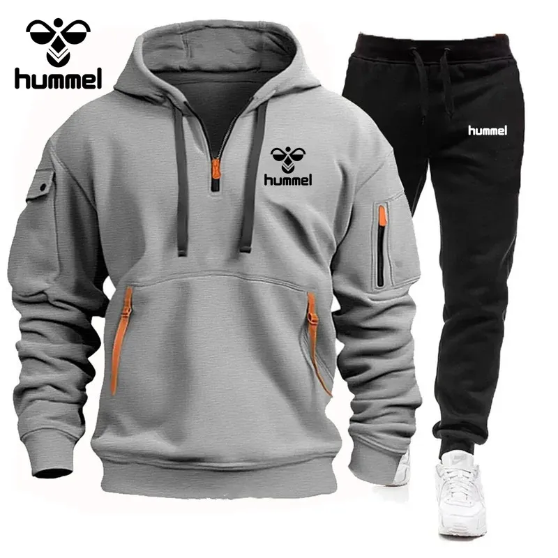 Brand HUMMEL Spring and Autumn Leisure Jogging Sportswear Suit Men\'s Brand-name Clothing Multi-pocket Zipper Hoodie + Sweatpants