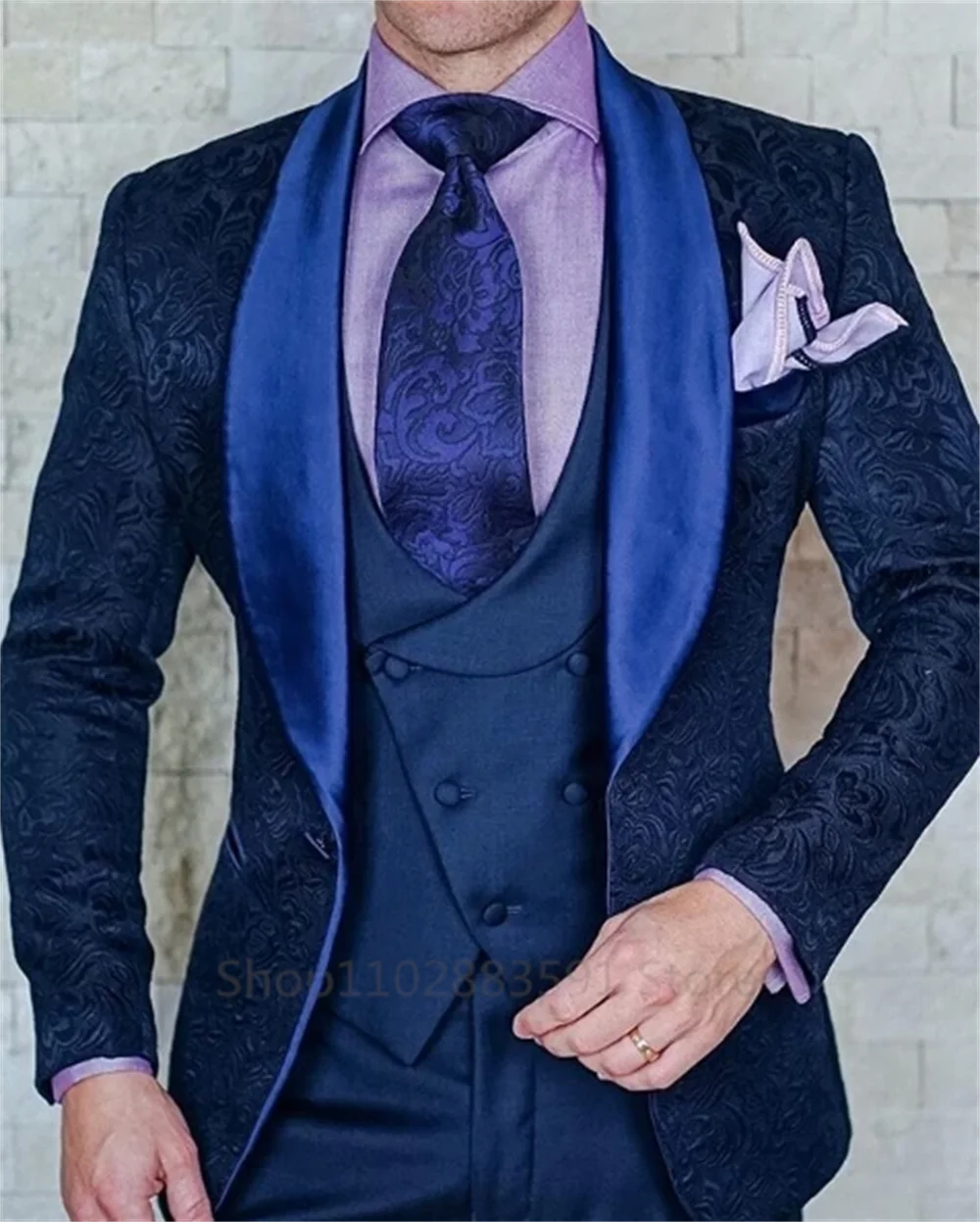 Smoking de fête de mariage en jacquard noir pour marié, olympiques pour hommes, gilet masculin, pantalon glacé, revers châle, coupe couvertes, 3 pièces