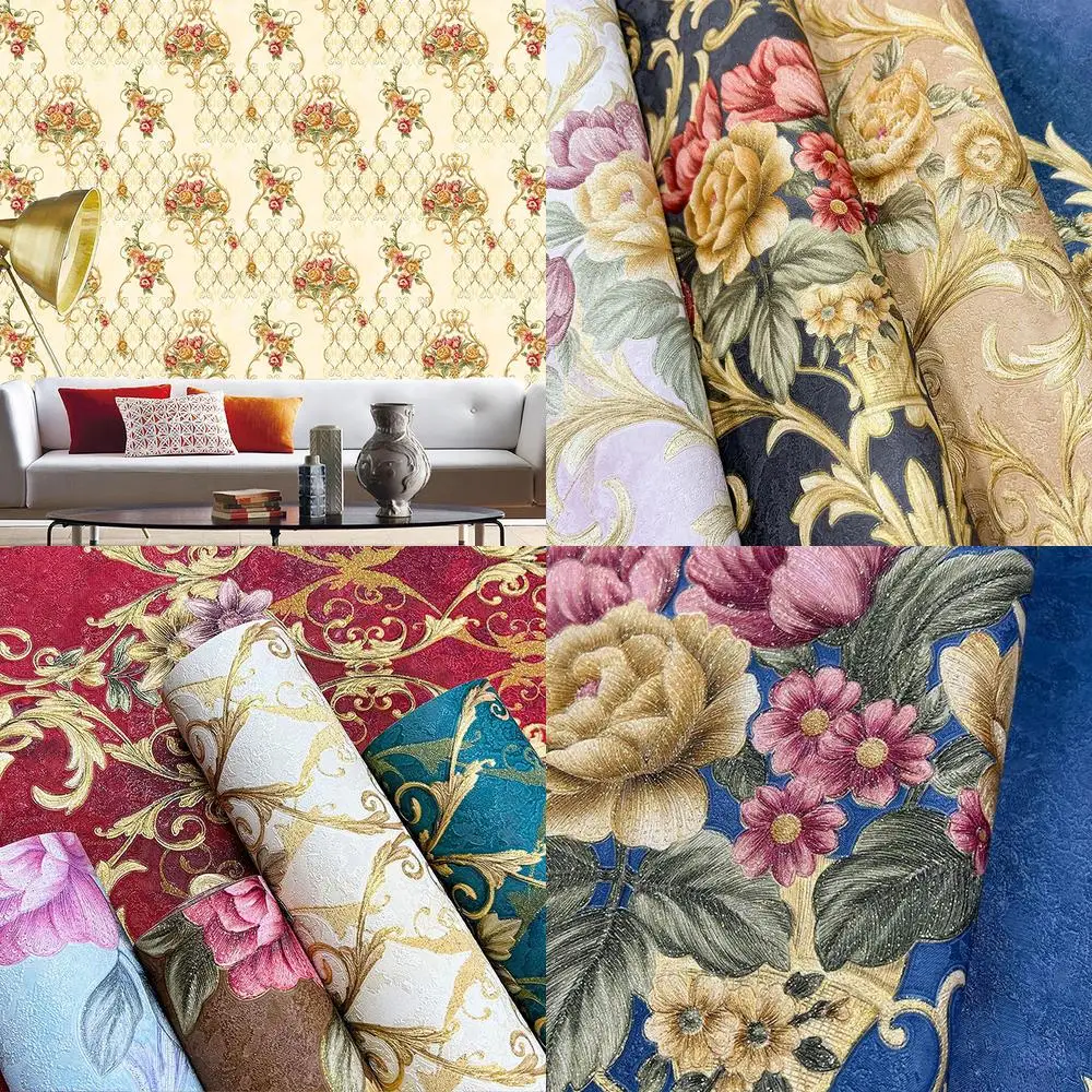 

Retro Cottage Rococo Style Rose Background Wallpaper for Bedroom Living Room Flower Shop Beauty Salon Wall Decor