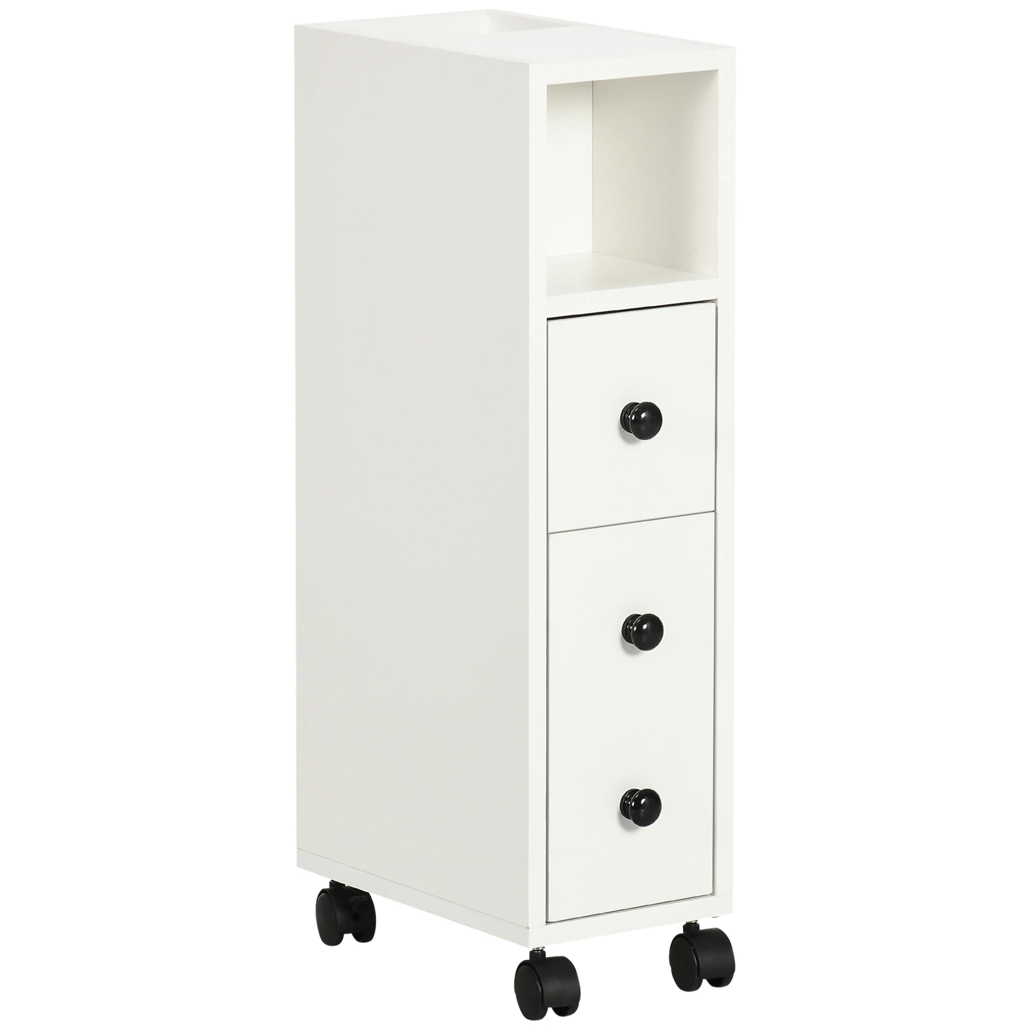 Kleankin Armario de Baño con 4 Ruedas Mueble Auxiliar para Baño con Estante Abierto Puerta y Cajón para Espacio Reducido 18x30x68,5 cm Blanco