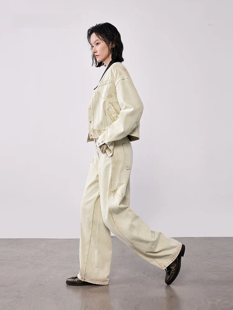 

XMOOM2025 осеннее новое цветное джинсовое пальто с воротником-колокольчиком, женское повседневное пальто со стойкой, хлопковое тканевое женское пальто