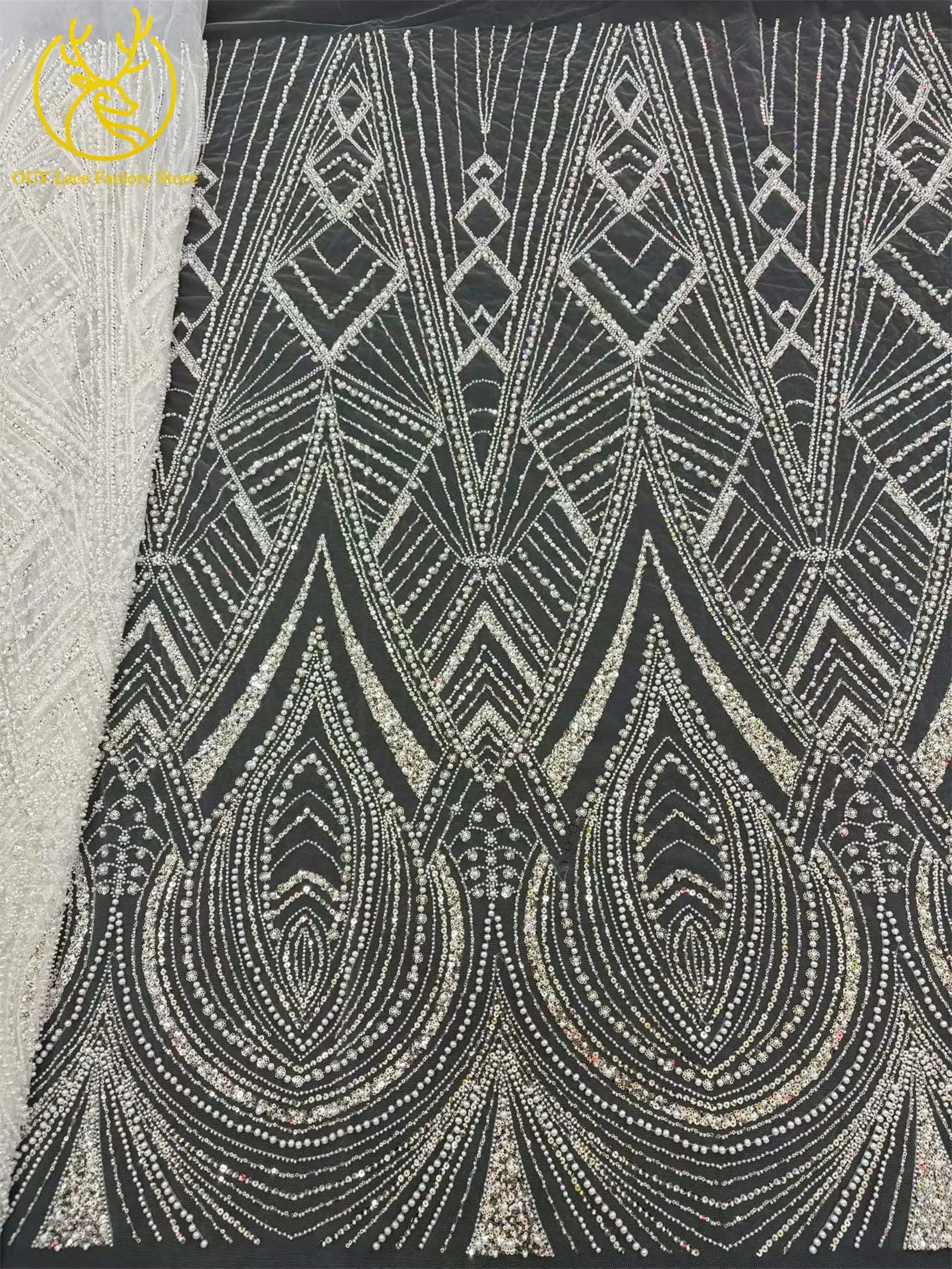 Afrikanischer Perlenstickerei-Spitzenstoff, 5 Yards, hochwertiger, eleganter Pailletten-Spitzenstoff, grün, nigerianisch, für Hochzeits- und Abendkleider – Detail 9