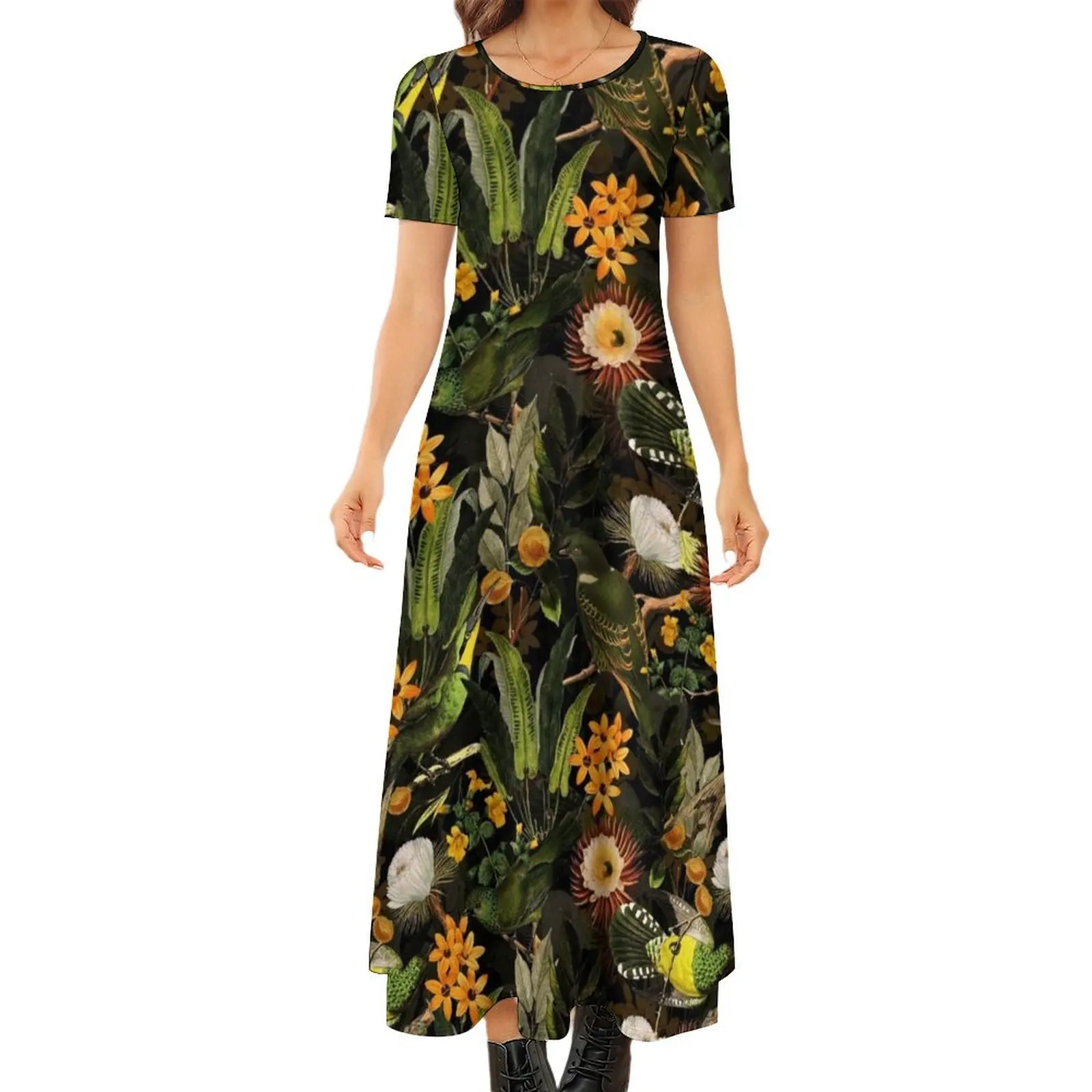 

Birds In Tropical Flower Garden - black Round Neck Short Sleeve Dress dresses with long sleeves