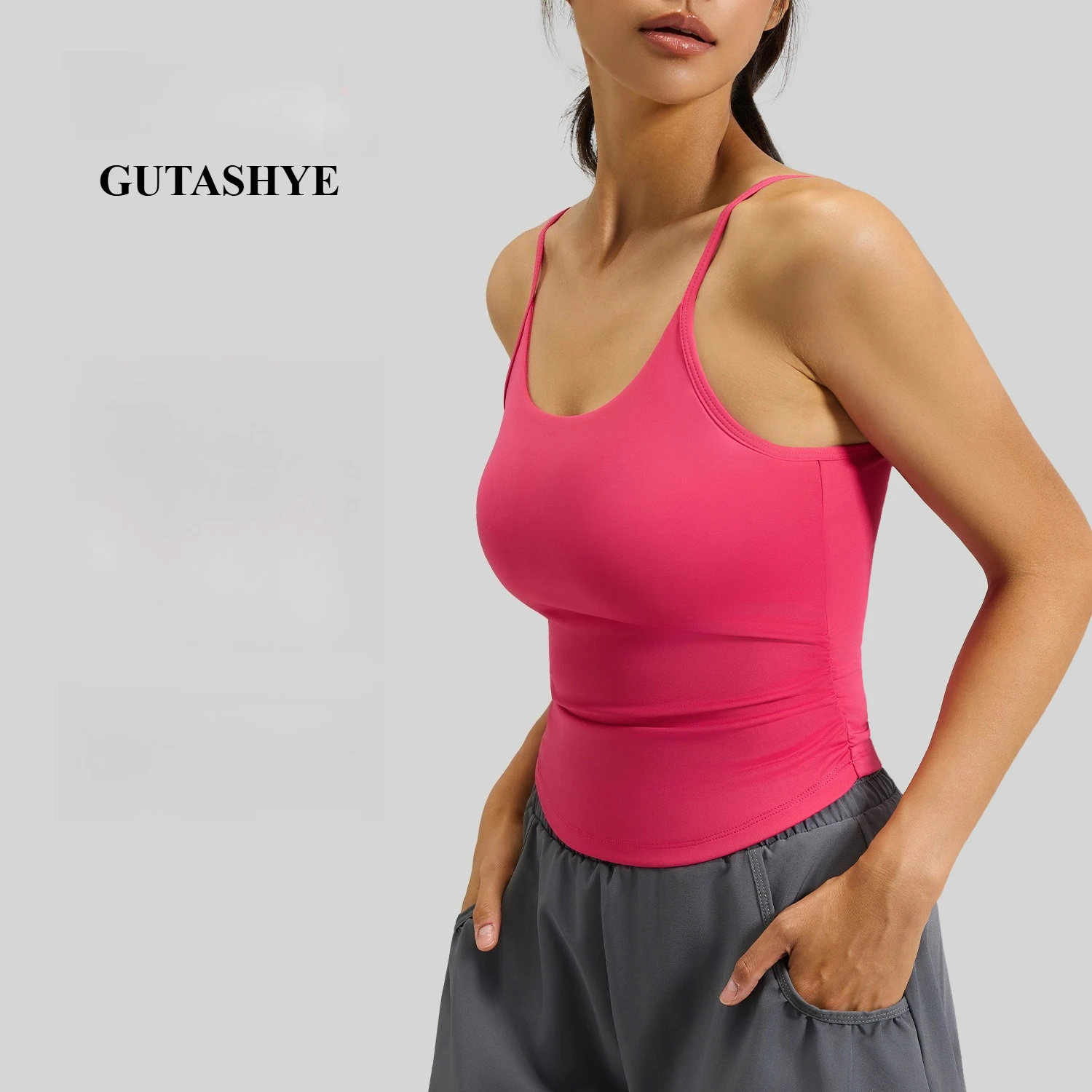 Women Ruched Waist Non Slip Fixed Cup Shockproof Yoga Camisole Outdoor Running Gym Multi-scene Casual Fitness Inner Tank Top
