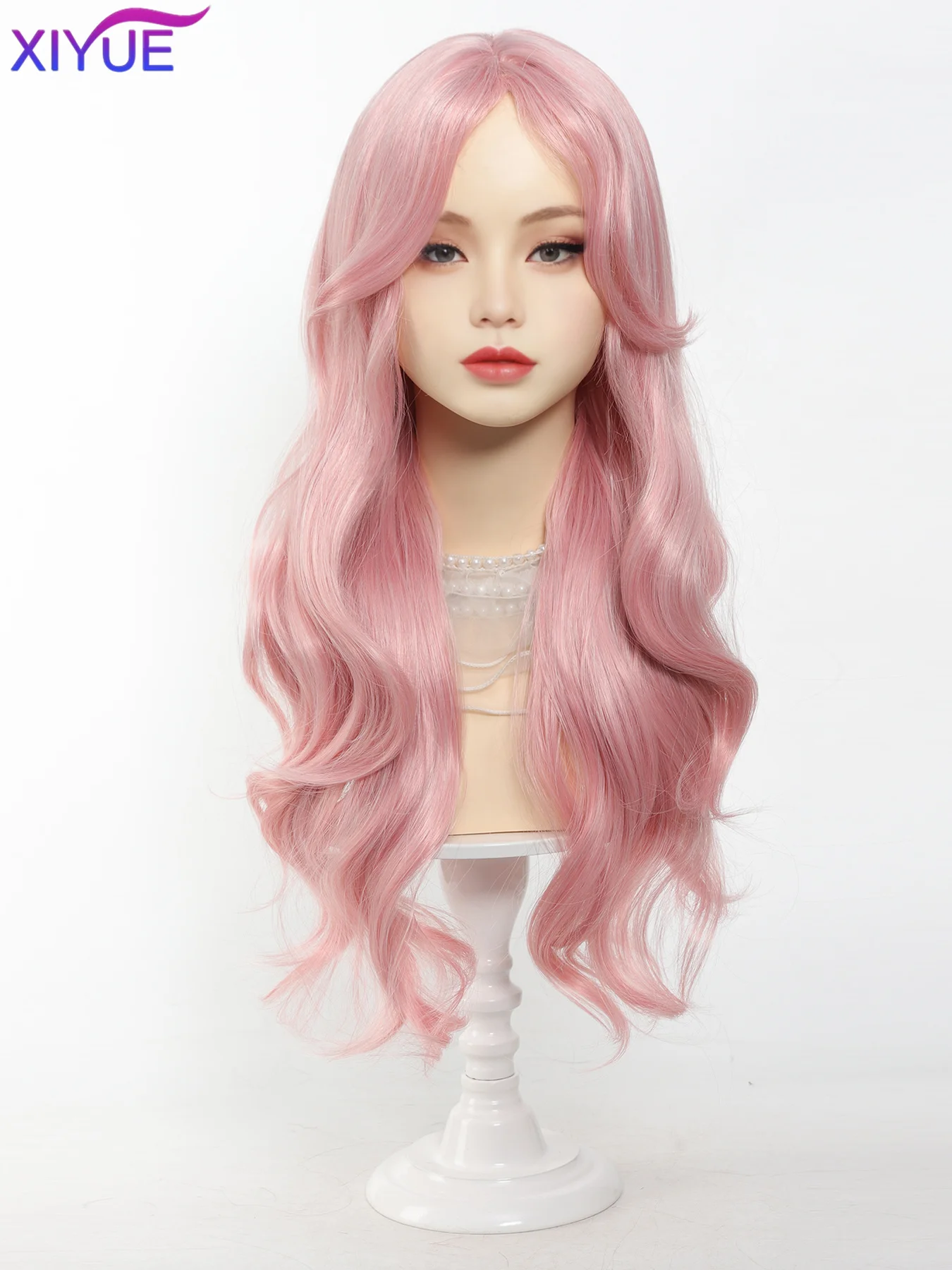 XIYUE Light Pink Synthetic Hair Wigs Long Wavy Natural Hair Wigs with Bangs for Women Cosplay Lolita Wig Heat Resistant