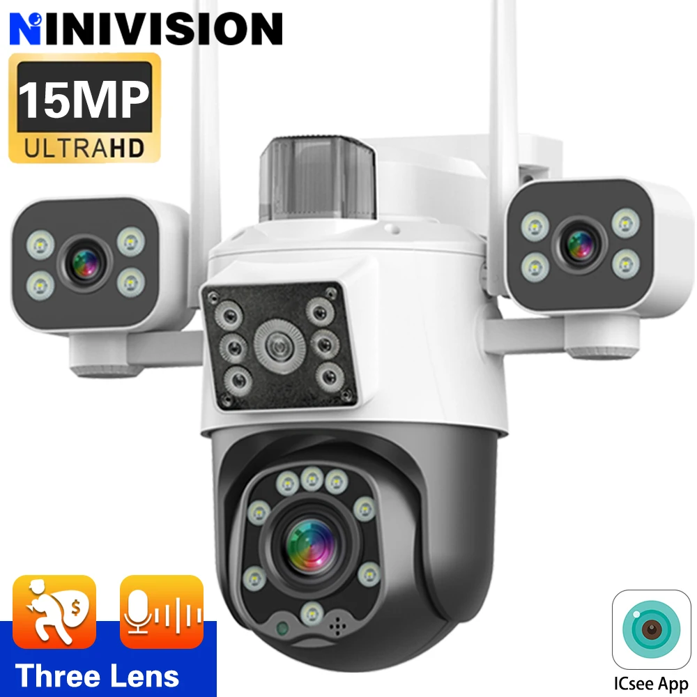 

15MP Three Screen WIFI IP Camera Outdoor 8K Three Lens Cameras Human Detection Waterproof Two-Way Audio CCTV Video Security Cam