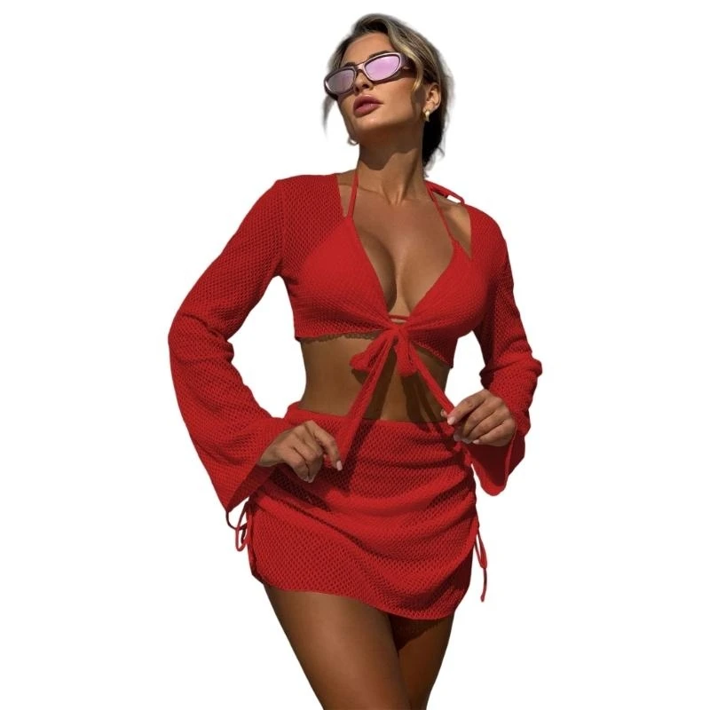 

Womens Long Sleeves Swimwear with Cover Up 4 Pcs Split Swimsuit Beachwear