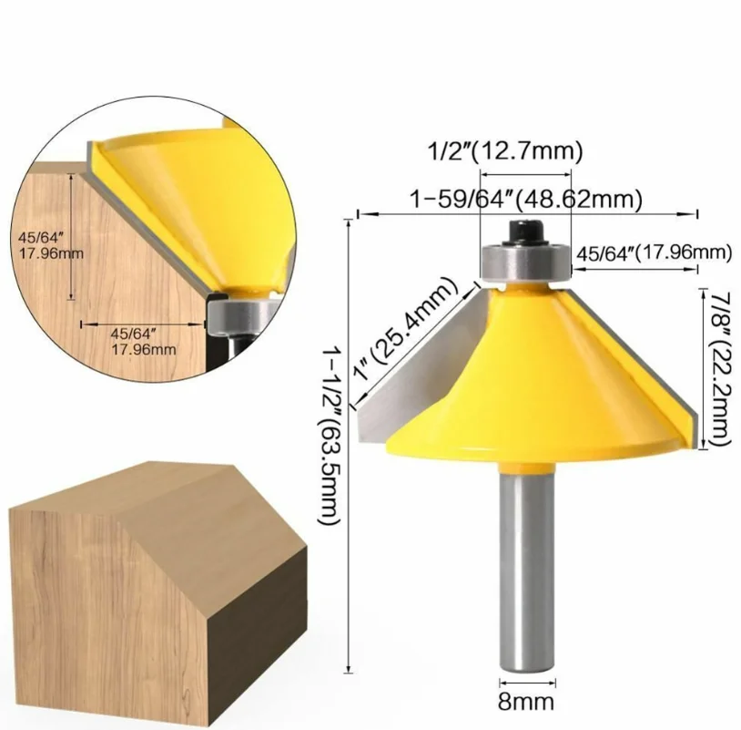 

222222222222222Фреза для снятия фаски с обрезкой подшипников, хвостовик 8 мм, 45 градусов, фаска, фаска, конус, деревообрабатывающая фреза, концевая фреза