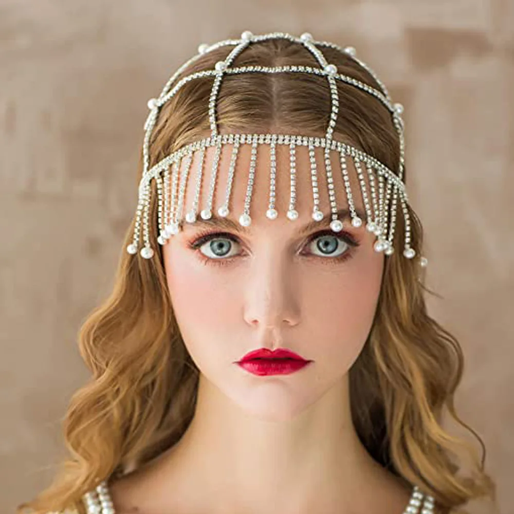 

Fashion hair accessories, ethnic style fringed pearl headband, exaggerated stage performance rhinestone Hair chain women