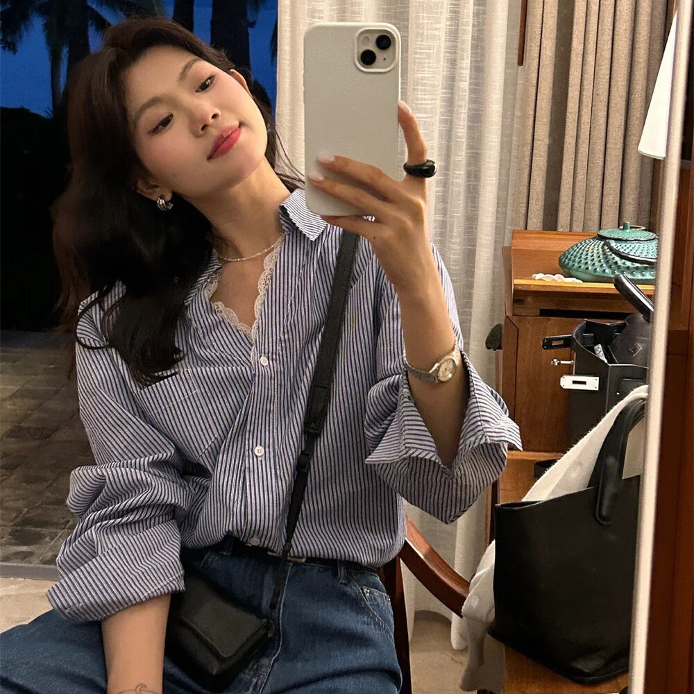 

Vertical Striped Button Down Shirt, Classic Lapel Collar Single Chest Pocket Roll Up Cuff Oversized Loose Long Sleeve Blouse