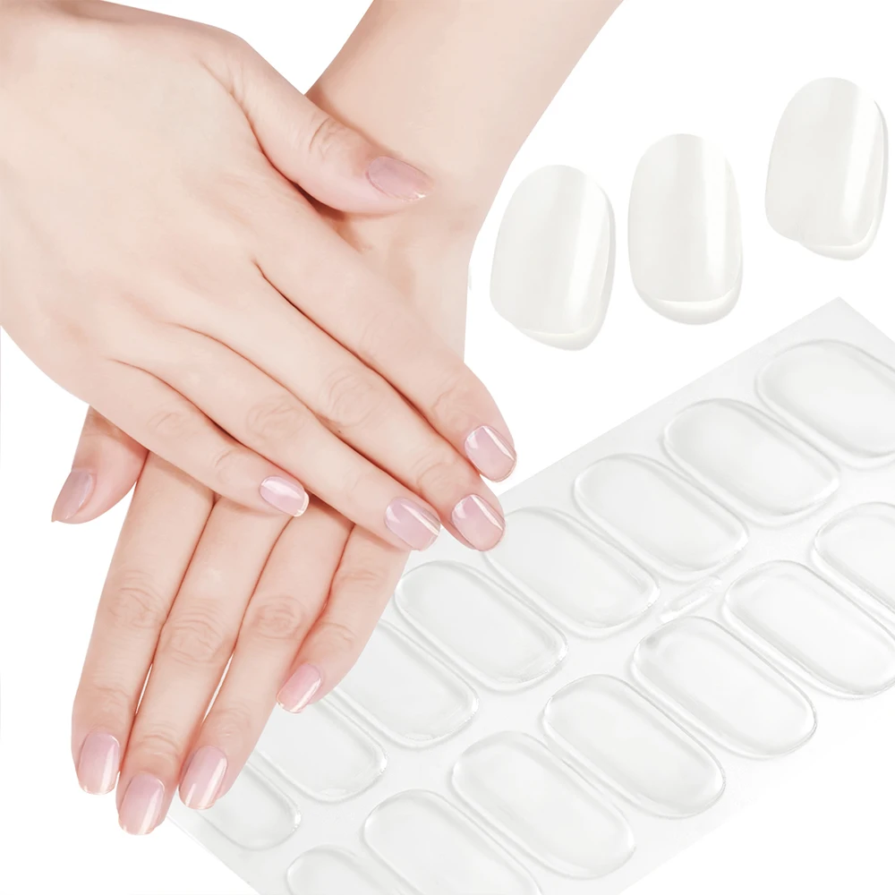16Tips 1sheet Transparent Semi-Cured Gel Nail Wraps White French Glitter Adhesive Gel Nail Polish Stickers Full Cover Manicure S
