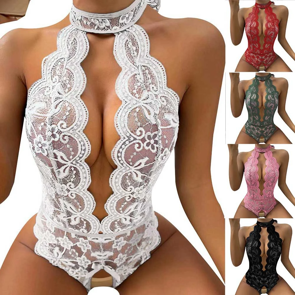 Vêtements de nuit une pièce en dentelle pour femmes, lingerie sexy, vêtements de nuit Teddy, vêtements de nuit Halter, costume de batterie