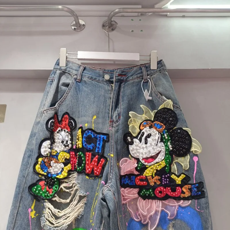 2025 Spring New European Style High Waisted Trousers Heavy Industry Cartoon Ripped Jeans Women's Graffiti Love Loose Denim Pants