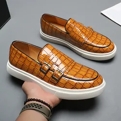 Zapatos informales de cuero de grano de cocodrilo para hombre, mocasines de estilo británico a la moda, planos sin cordones para exteriores, zapatos de monje