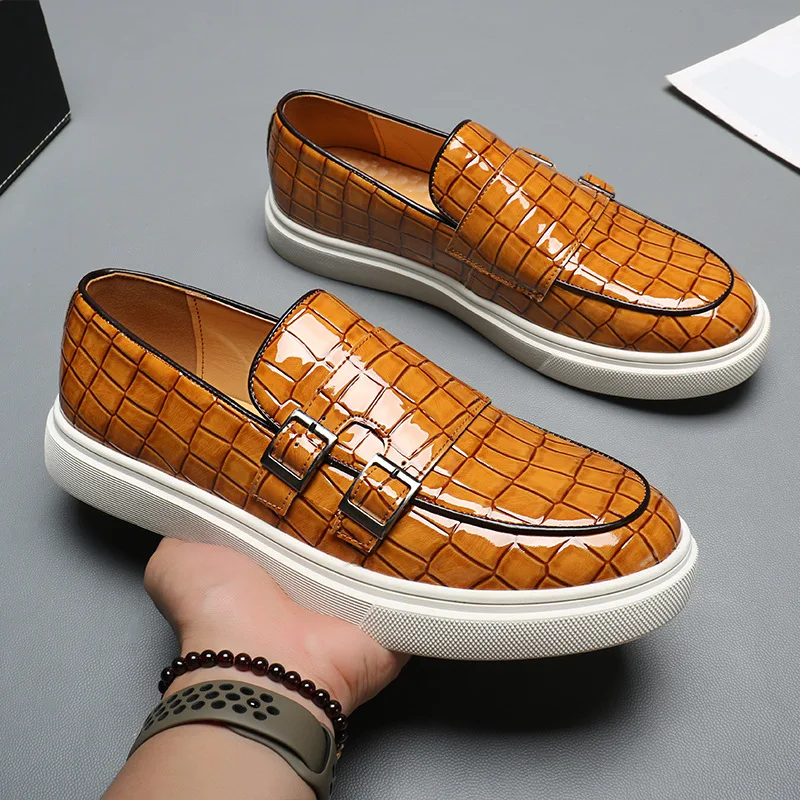 Men's Casual Shoes Crocodile Grain Leather Men Fashion British Style Loafers Mens Slip-on Outdoor Flats Monk Shoes