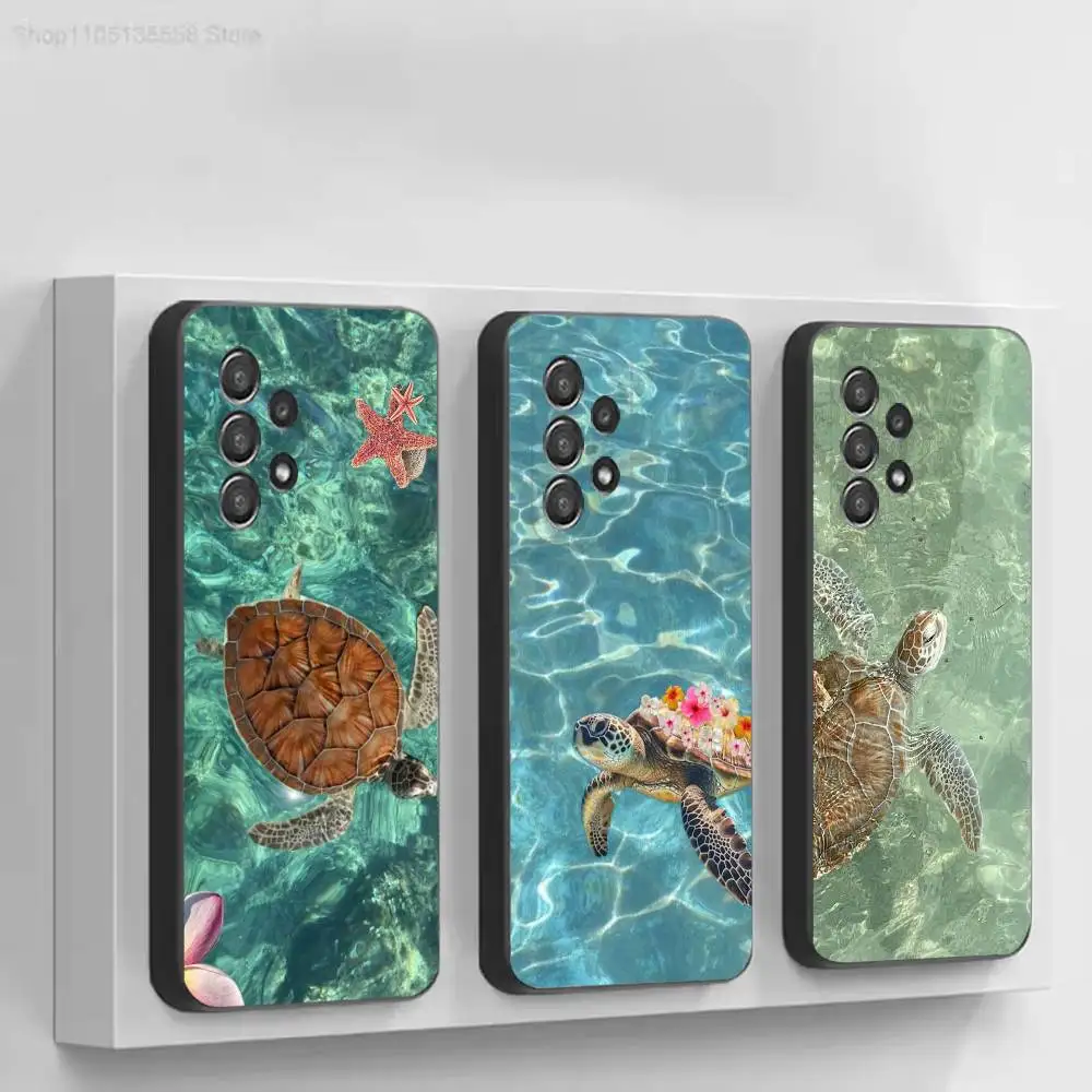 Sea Turtle With Shells Fashion Black Soft Protective Case For Samsung S10,20,21,22,23,24,25,30 Ultra Plus FE Lite