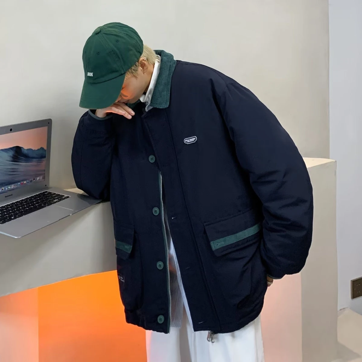 

Хлопковая куртка свободного кроя для мужчин, повседневная, с контрастным воротником, в стиле рабочей одежды, модная и удобная хлопковая куртка для пар