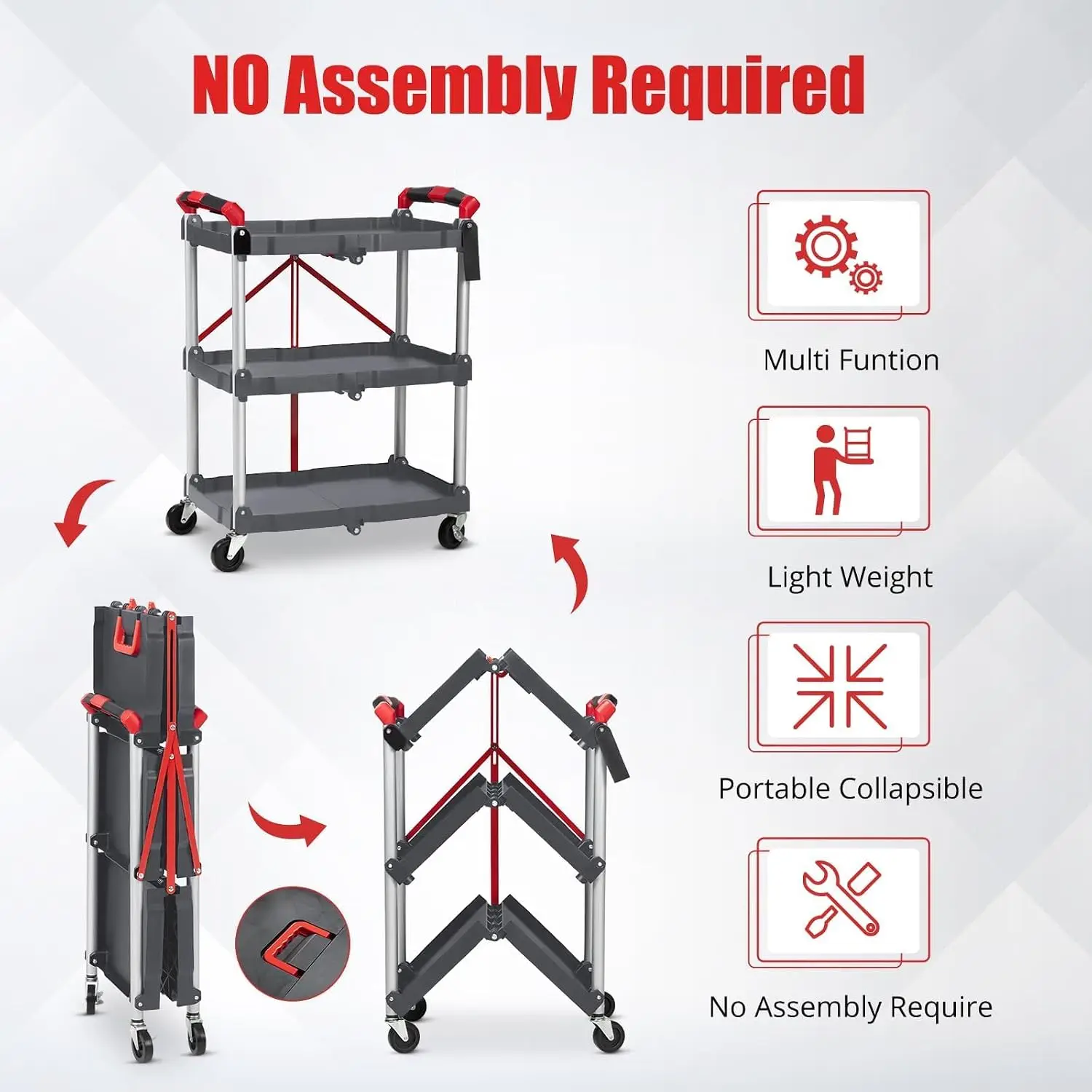 Foldable 3-Tier Service Cart with Wheels, 168 lb Total Load Capacity, Collapsible Utility Cart for Garage and Workshop