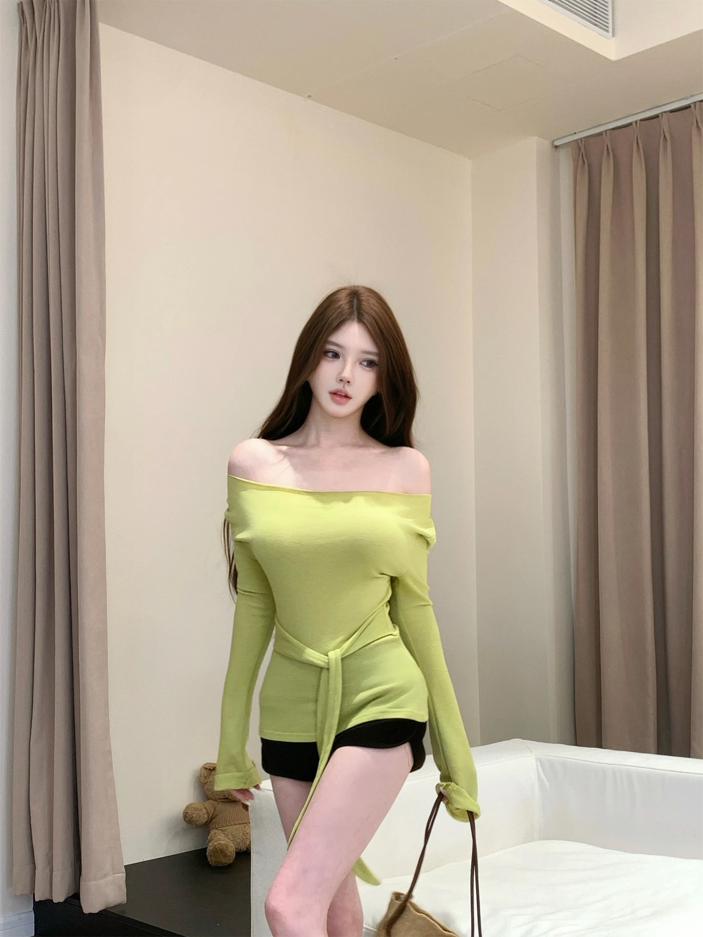 

Bao Zhi Zhi Silk Wool Long Sve Asymmetrical oulder T-irt Women's Spring Autumn Thin Loose Casual Faion Top