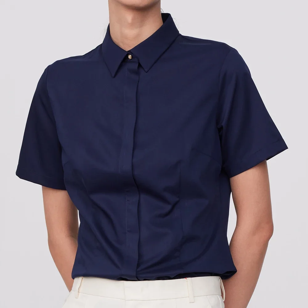 

Women's Office Lady Short Sleeve Basic Dress Shirt Without Pocket Female Non-iron Casual Slim-fit Slight Strech Blouse Shirts